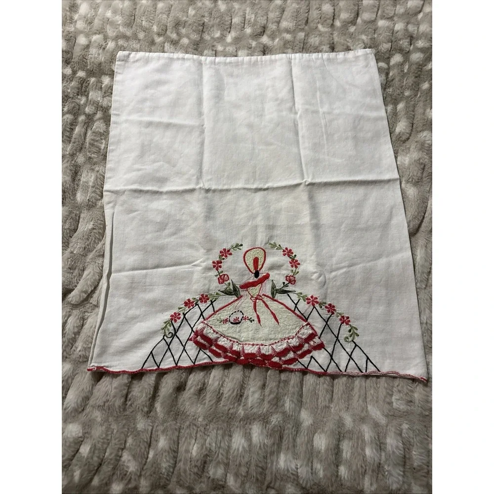2 Vintage Southern Belle Hand Embroidered Crocheted Red Pillowcases Cottagecore